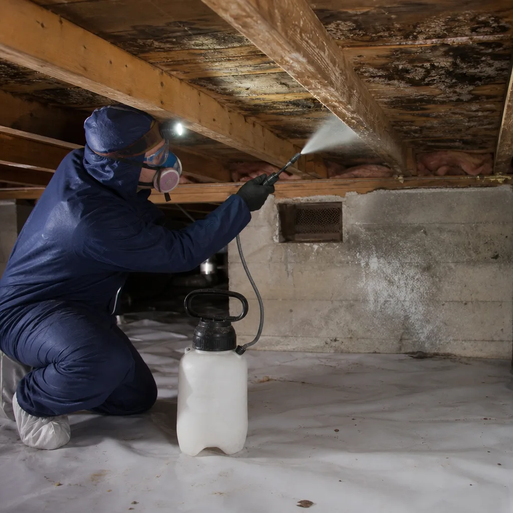 Technician in protective gear performing professional mold remediation in a crawl space.