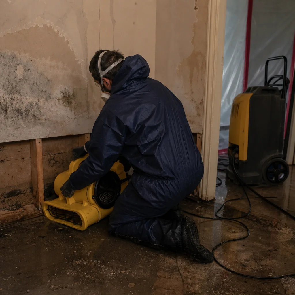 Technician using professional drying equipment for water and storm damage restoration