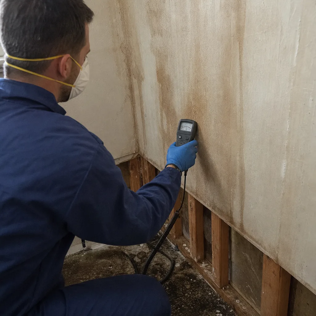 Technician using a moisture meter to inspect wall water damage