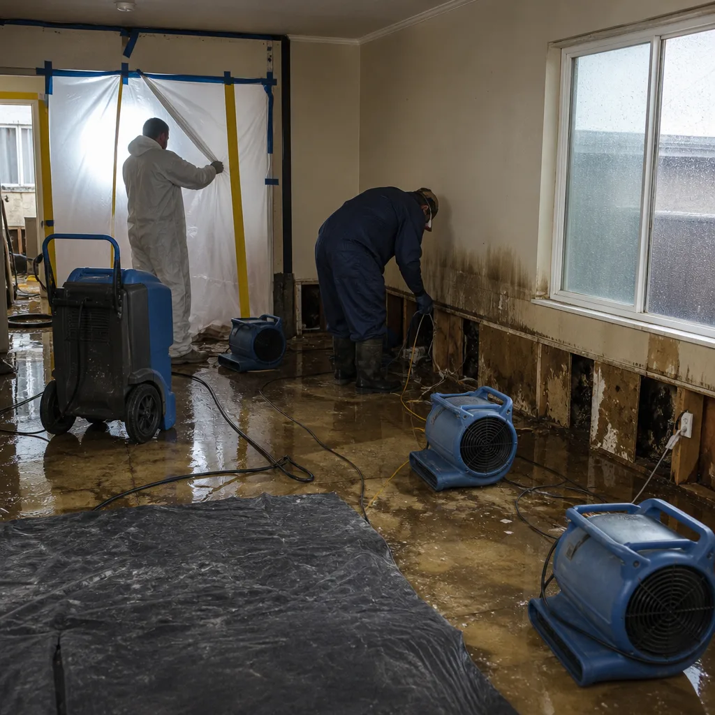 Technicians performing professional storm damage restoration in a flooded home.