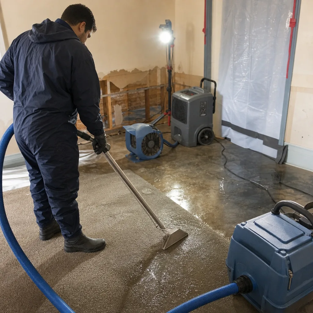 Technician performing professional water damage restoration and carpet water extraction