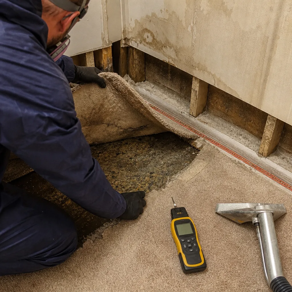Professional technician inspecting water damaged flooring with a moisture meter